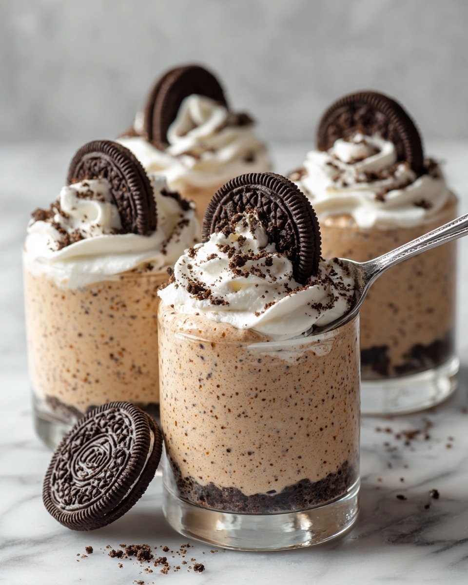 The image shows three clear glass cups filled with a creamy, light brown mousse mixed with small dark cookie crumbs. Each cup has a layer of white whipped cream in the middle, topped with a creamy mousse layer. There is a dark chocolate Oreo cookie pressed into the side of whipped cream in each cup. A spoon is scooping some mousse from the closest cup. One whole Oreo cookie is placed leaning against the front of the nearest glass on a white marbled surface. photo taken with an iphone --ar 4:5 --v 7