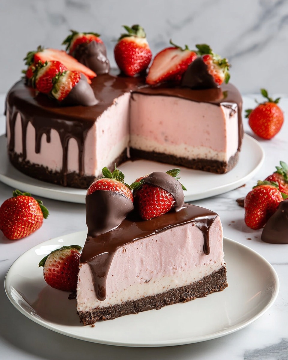 The image shows a round, three-layered cake with a slice cut out and placed on a white plate in front. The bottom layer is a dark brown crust, the middle layer is light pink and thick with a smooth texture, and the top layer is a shiny dark chocolate glaze dripping down the sides. Both the cake and the slice are decorated with whole bright red strawberries, some dipped in chocolate. The background is a white marbled texture with extra strawberries placed around. photo taken with an iphone --ar 4:5 --v 7