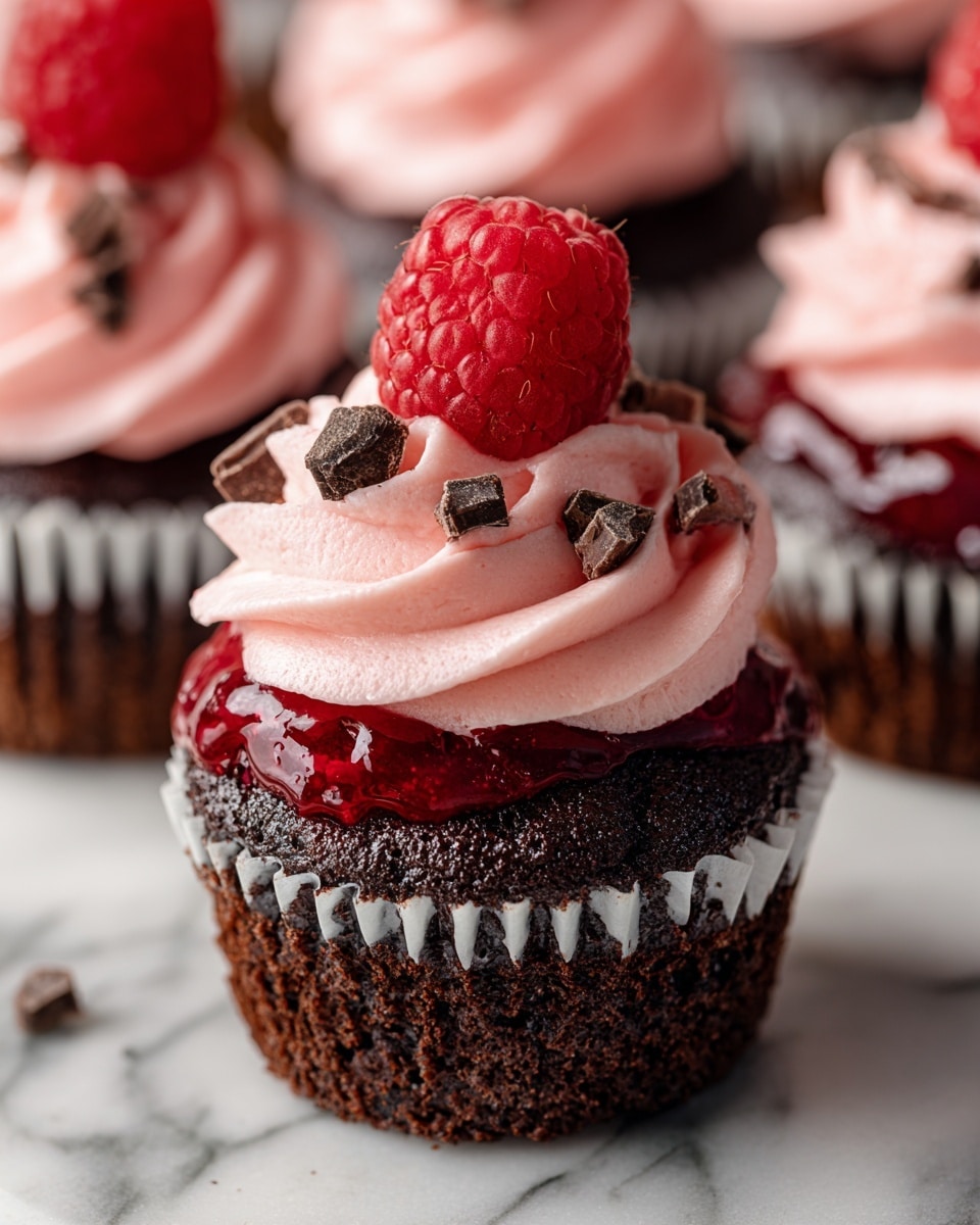 A close-up view of a chocolate cupcake with three visible layers: the bottom layer is dark brown moist chocolate cake with a crumbly texture, the middle layer is a glossy, deep red raspberry filling oozing out, and the top layer is light pink creamy frosting with a smooth swirl pattern. The cupcake is topped with a fresh, bright red raspberry and several small dark chocolate pieces scattered on the frosting. The cupcake is shown among other similar ones on a white marbled surface, with one cupcake's white paper liner slightly visible. Photo taken with an iphone --ar 4:5 --v 7