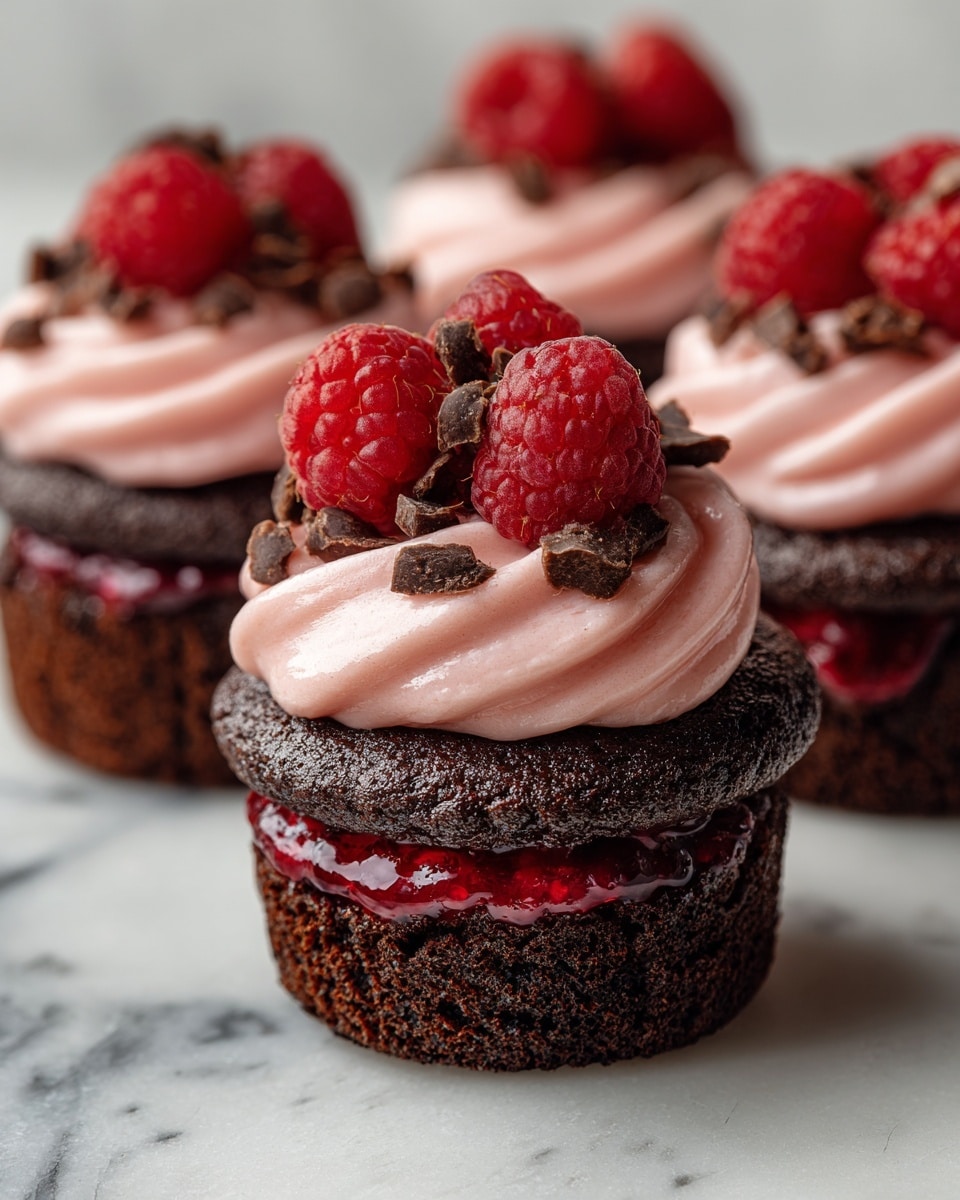 A close-up view of a rich dark chocolate cupcake with three main layers: the bottom layer is dark, moist chocolate cake with a gooey red berry sauce oozing out from the center, the middle layer is thick pink frosting swirled smoothly on top of the cake, and the top layer consists of small dark chocolate pieces sprinkled over the pink frosting. In the background, similar cupcakes with the same frosting and topped with fresh raspberries are visible. All cupcakes sit on a white marbled surface. photo taken with an iphone --ar 4:5 --v 7