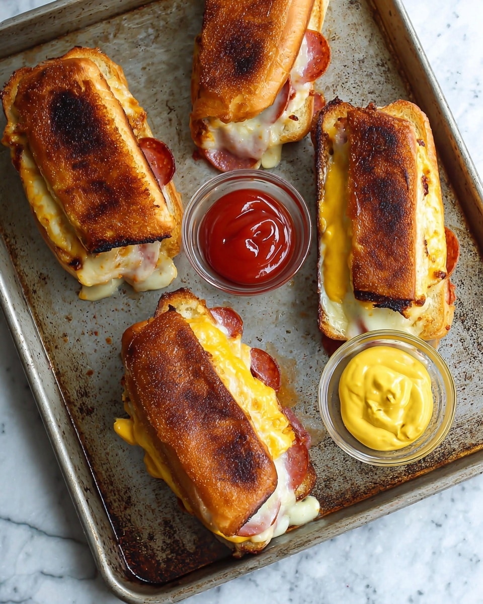 Four toasted sandwiches are placed on a metal pan with a worn look. Each sandwich has a golden brown, slightly charred top bun. Inside, melted cheese in white and yellow colors oozes out, mixing with slices of pepperoni visible peeking from the sides. Two small clear glass containers sit in the middle of the pan; one holds bright red ketchup, and the other holds smooth yellow mustard. The background shows a white marbled texture. photo taken with an iphone --ar 4:5 --v 7