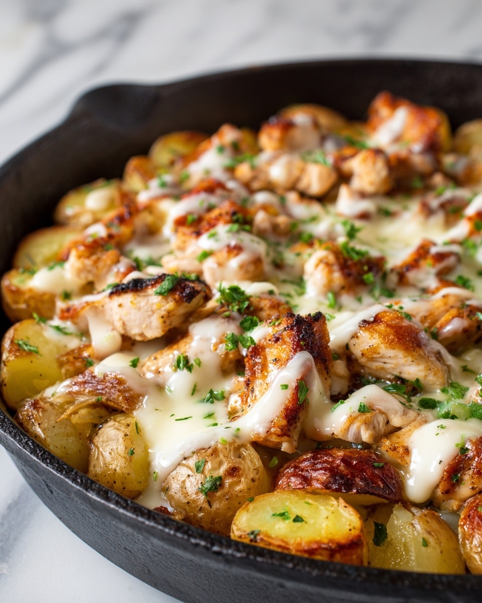 A close-up view of a black skillet filled with golden browned baby potatoes as the bottom layer, each piece cut in halves or quarters with crispy edges, topped by a layer of grilled chicken chunks that are light brown with char marks and covered with melted white cheese drizzled unevenly over the chicken, sprinkled with small bits of fresh green herbs. The background shows a white marbled texture subtly blurred. Photo taken with an iphone --ar 4:5 --v 7