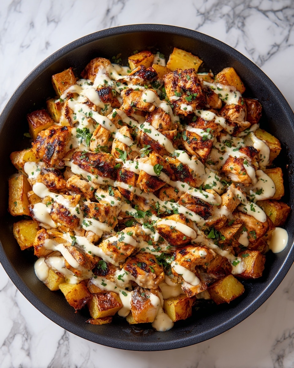 The dish shows a single pan filled with two main layers: the bottom layer consists of golden brown roasted potato pieces with a slightly crispy texture and some herbs sprinkled, while the top layer is made up of grilled, juicy chicken chunks that are browned with visible grill marks, covered with melted light-colored cheese drizzled unevenly, and garnished with small bits of green herbs. The pan is black and sits on a white marbled surface. photo taken with an iphone --ar 4:5 --v 7