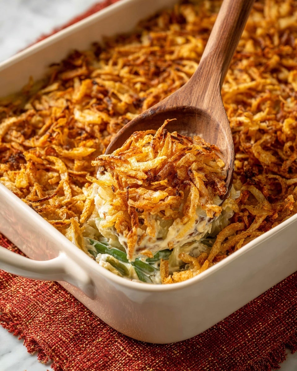 The image shows a white baking dish filled with a creamy casserole topped with a thick layer of crispy, golden-brown fried onions. The casserole itself appears creamy and soft, with visible chunks of green beans and slices of pale potatoes beneath the crunchy onion crust. A wooden spoon is scooping out a portion from the center, lifting a mix of the creamy bottom layer and the crispy topping. The casserole sits on a textured reddish cloth, all placed on a white marbled surface. photo taken with an iphone --ar 4:5 --v 7