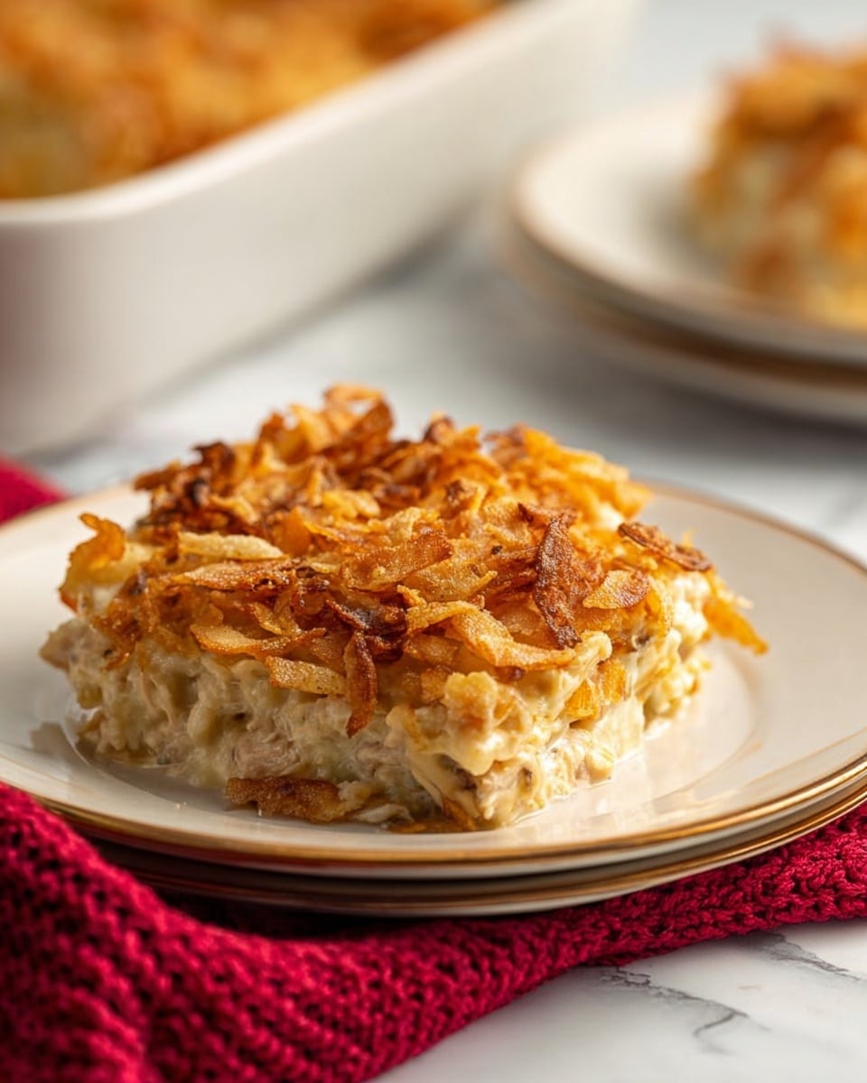 A square piece of casserole sits on a white plate with a slightly raised rim, layered thickly with a creamy, light beige base mixed with chunks of chicken or turkey. The top is densely covered with crispy, golden-brown fried onion bits that add a crunchy texture. The casserole's edges are slightly browned, showing a baked finish. The scene is set on a white marbled surface with a red knitted cloth partially visible in the foreground, and a second serving is blurred in the background, giving a warm and cozy feeling. photo taken with an iphone --ar 4:5 --v 7