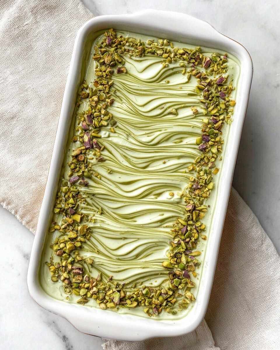 A rectangular white ceramic dish holds a creamy light green dessert layer evenly spread as the base. On top, there are neat diagonal lines of a darker green sauce, carefully brushed to form a feathered pattern. Chopped pistachios, with their light purple and green bits, are sprinkled thickly around the edges of the dessert, adding texture and color contrast. The dish sits on a white marbled surface next to a soft off-white cloth. Photo taken with an iphone --ar 4:5 --v 7