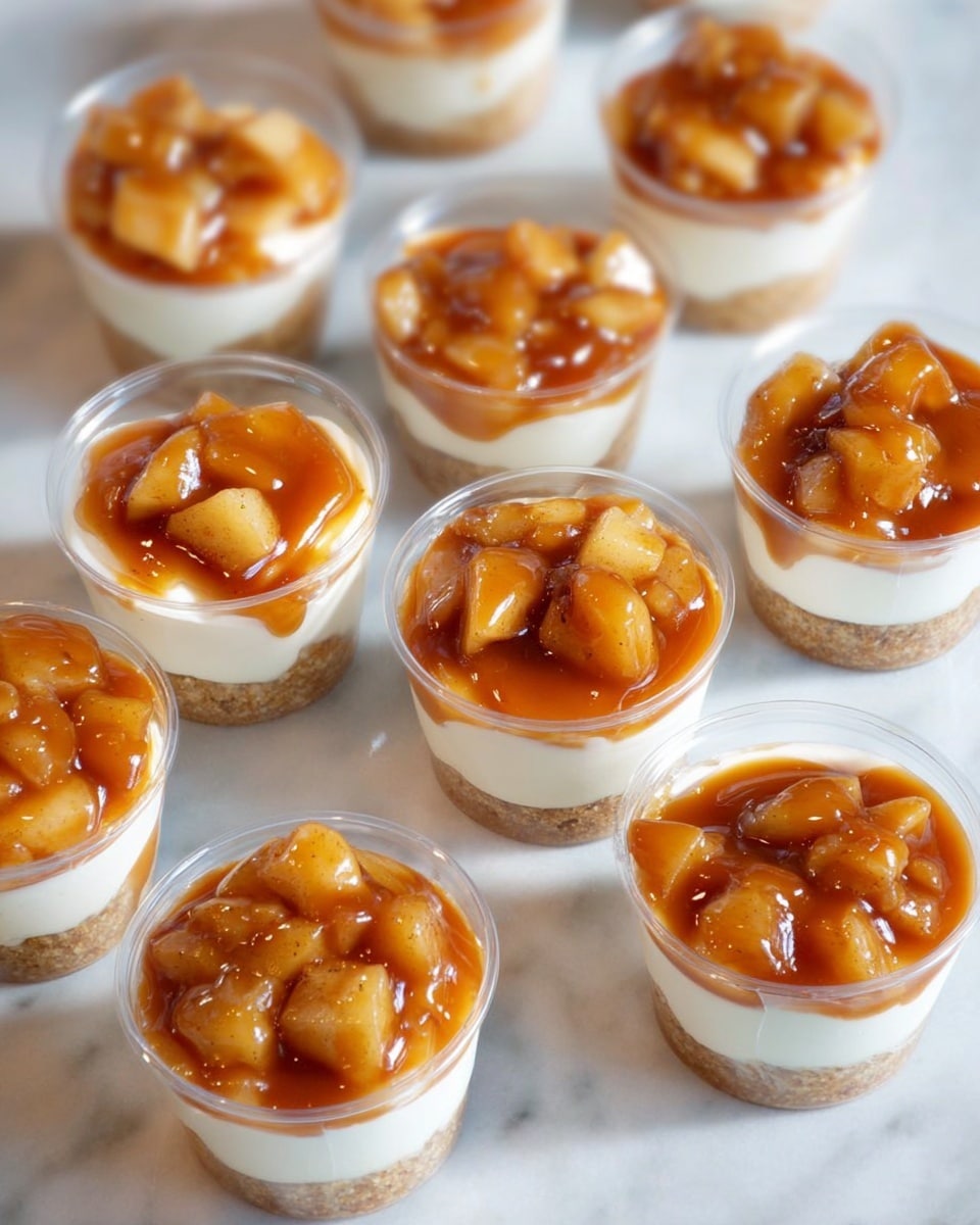 The image shows several small clear plastic cups filled with a dessert arranged on a white marbled surface. Each cup has three visible layers: at the bottom, a crumbly light brown base, followed by a thick, creamy white middle layer, and topped with golden-brown caramelized apple chunks covered in a glossy amber caramel sauce. The cups are evenly spaced, and the dessert looks rich and smooth with a shiny topping. photo taken with an iphone --ar 4:5 --v 7