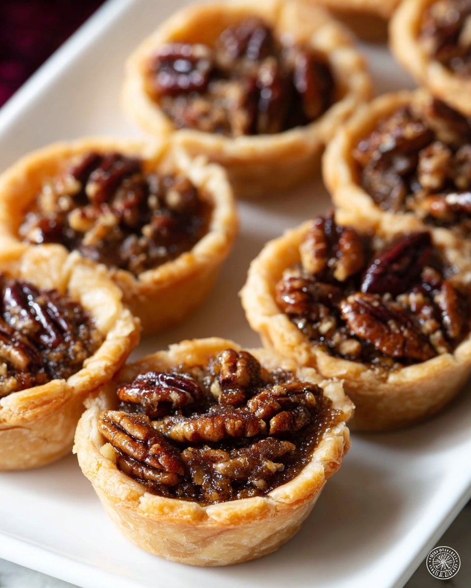 The image shows a close-up of six mini pecan pies arranged on a white rectangular plate. Each pie has a golden-brown flaky crust that forms a deep cup shape, holding a rich filling made of glossy, caramel-colored pecans clustered together with a slightly bubbly texture. The pecans are dark brown and shiny, sitting tightly packed on top of a lighter, smooth, custard-like base. The minis have a deep crust edge, and the pies are set on a white marbled surface that adds a soft contrast. photo taken with an iphone --ar 4:5 --v 7