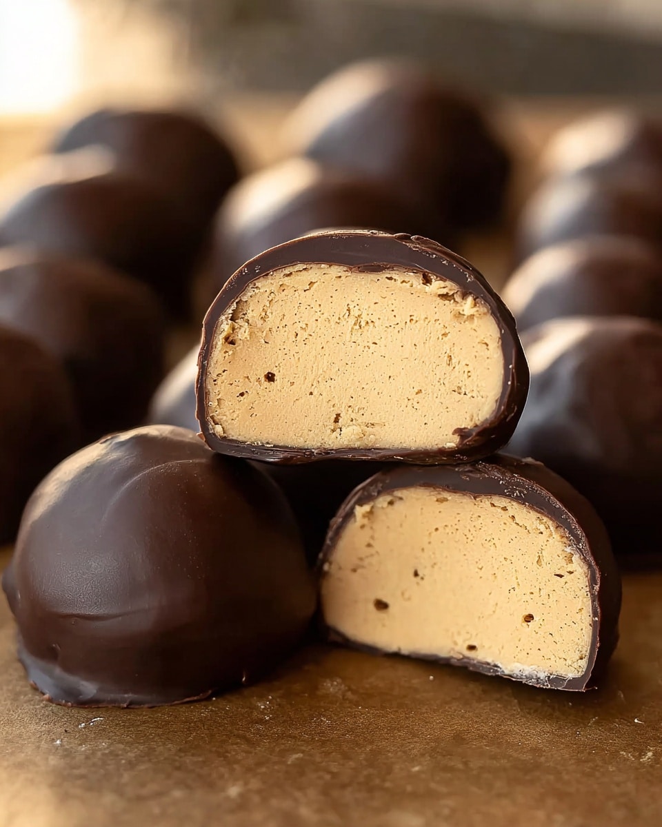 The image shows a close-up of several small round chocolate-covered peanut butter balls arranged on a brown surface. The front two pieces are cut in half and stacked, revealing two layers: a smooth, light brown peanut butter filling inside and a thin, shiny dark chocolate coating on the outside. The texture of the peanut butter filling looks creamy with small air holes, while the chocolate shell is smooth and slightly glossy. The background is softly blurred, placing focus on the rich texture and details of the peanut butter balls. Photo taken with an iphone --ar 4:5 --v 7