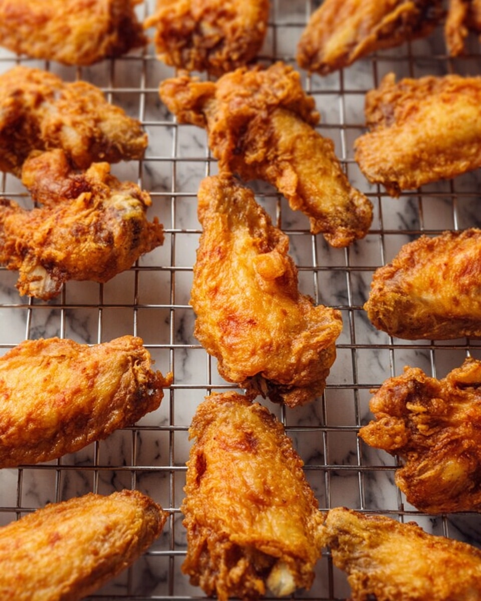 Golden brown fried chicken wings are spread out on a metal cooling rack, showing a crispy, crunchy texture with some parts slightly darker from frying. The wings appear juicy inside with the skin having a rough, uneven surface. The background is a white marbled texture that contrasts softly with the warm colors of the wings. photo taken with an iphone --ar 4:5 --v 7