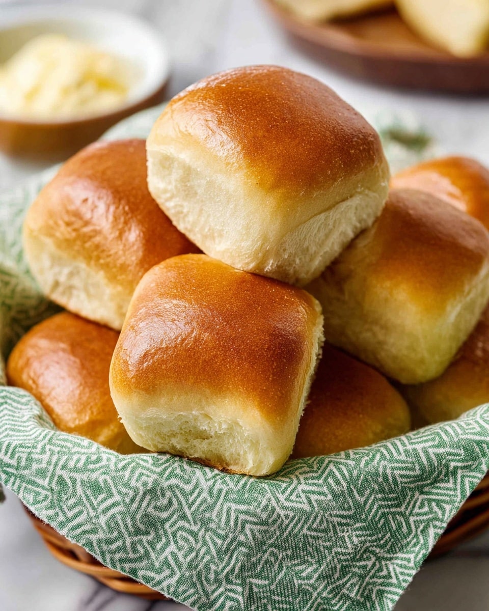A basket filled with nine soft, square dinner rolls stacked casually, each roll showing a smooth, shiny golden-brown top and lighter, soft beige sides. The rolls sit on a green and white zigzag patterned cloth that lines the basket, adding texture and color contrast. The basket rests on a white marbled surface, with blurred elements in the background suggesting a buttered roll and a bowl of spread. photo taken with an iphone --ar 4:5 --v 7