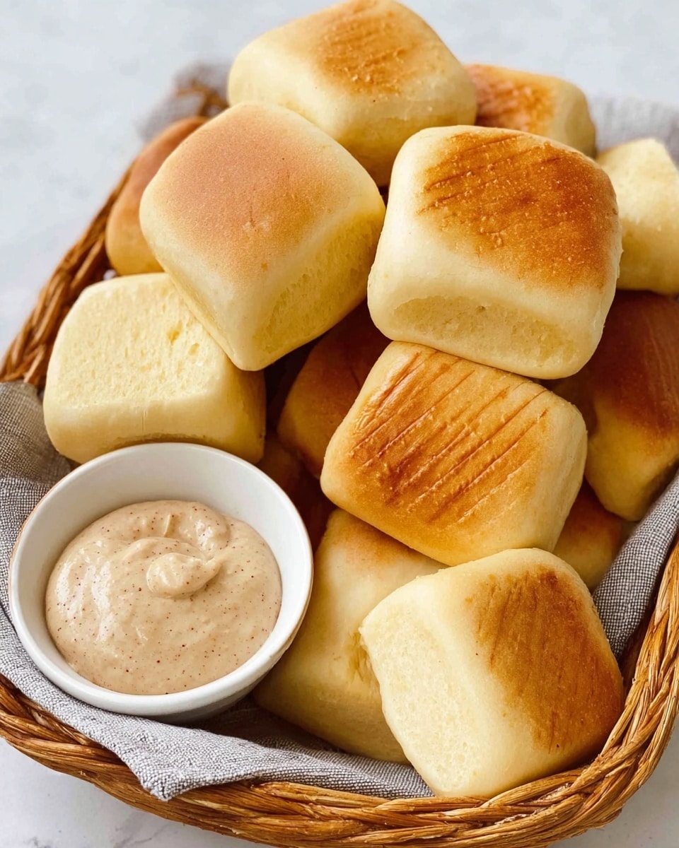 A woven basket filled with many small, soft bread rolls that are light golden brown on top with smooth, slightly shiny surfaces. The bread pieces are mostly square-shaped with some slight variations in size and shape, stacked closely together. One piece has visible grill marks giving it a textured, striped look. Next to the bread rolls inside the basket is a small white bowl containing a smooth, creamy dip with a light tan color and specks of seasoning throughout. The basket is placed on a white marbled surface. photo taken with an iphone --ar 4:5 --v 7