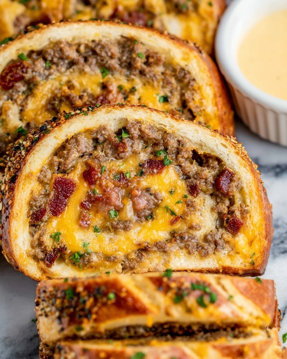 The image shows a close-up of several slices of a rolled dish with three visible layers inside each slice. The outermost layer is golden-brown bread with a light crust sprinkled with sesame and other seeds. Inside this bread, the middle layer contains a mix of browned ground meat and small pieces of red bacon, both appearing moist and finely chopped. The innermost layer is melted yellow cheese that is gooey and looks rich, swirling with bits of meat through the roll. The slices are garnished with small green herb pieces, adding a fresh touch. The dish is on a surface with a white marbled texture, and a white bowl with a creamy yellow dip is partially visible. Photo taken with an iphone --ar 4:5 --v 7