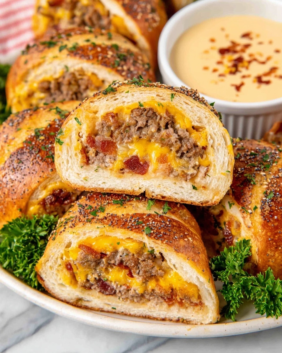 The image shows several stuffed bread rolls cut in half and stacked on a white plate with some green parsley leaves around. Each roll has a golden-brown crust sprinkled with sesame and poppy seeds. Inside, there are three visible layers: a bottom layer of soft, light bread, a middle layer of cooked ground meat mixed with small bits of bacon or tomato, and a top layer of melted bright yellow cheddar cheese with some green herb sprinkles on top. Next to the rolls is a white bowl with a creamy, light yellow dipping sauce sprinkled with red chili flakes. The background is a white marbled surface. Photo taken with an iphone --ar 4:5 --v 7