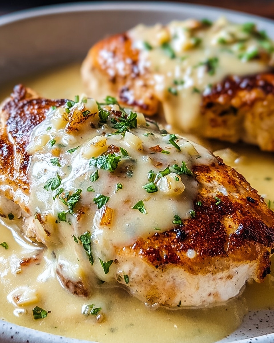 The image shows a close-up of two thick grilled chicken breasts on a white plate with a white marbled texture background. Each chicken breast has a golden-brown seared surface with a creamy sauce poured generously over the top, creating a glossy texture. The creamy sauce is pale yellow with small chunks of garlic and herbs sprinkled on top, adding bits of green and light brown. The sauce pools slightly around the base of the chicken, making the dish look rich and flavorful. photo taken with an iphone --ar 4:5 --v 7