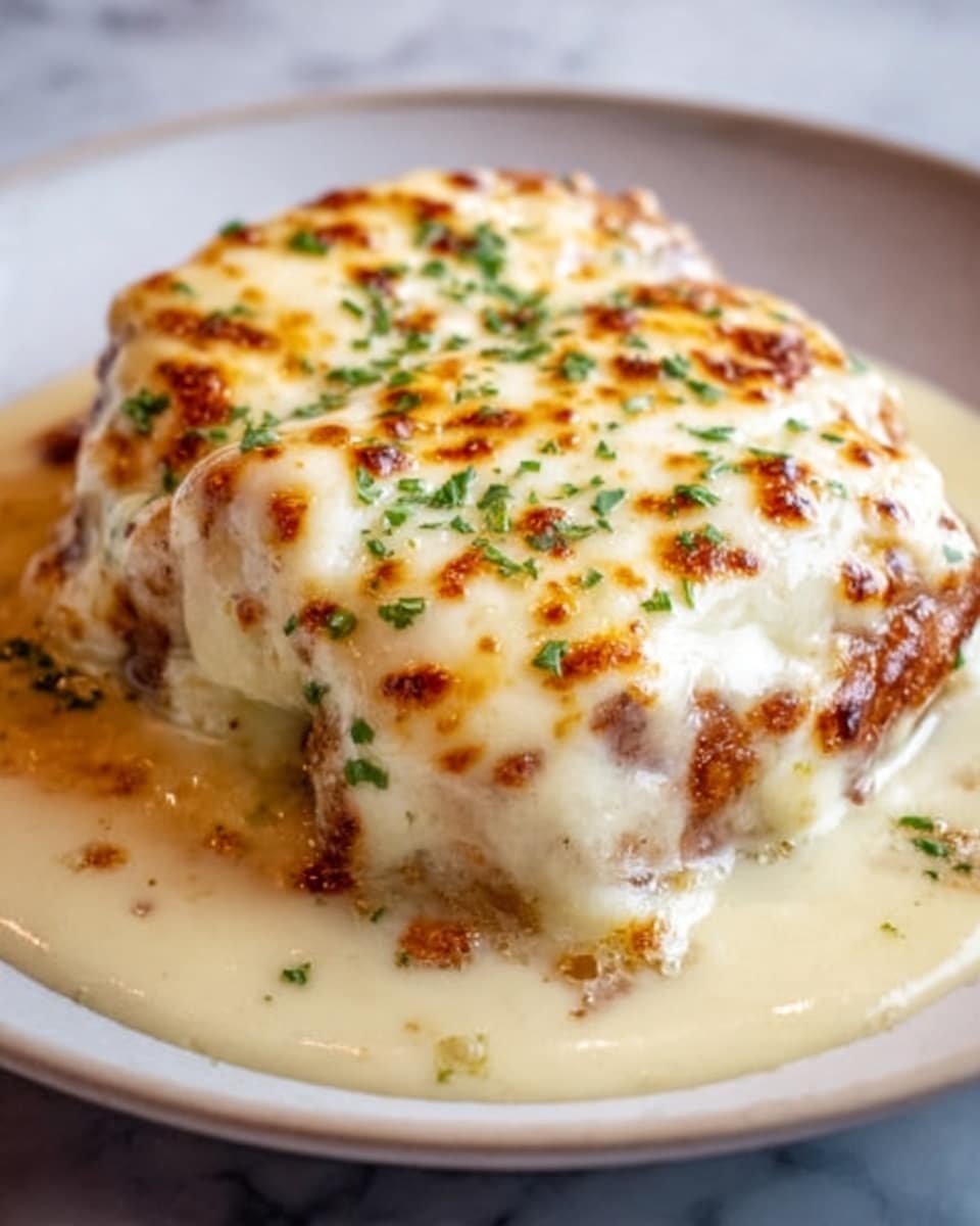 A close-up of a creamy baked dish with two thick layers of golden brown melted cheese topping, dotted with small browned spots and finely chopped green herbs for garnish. The base is a smooth, light beige sauce that pools gently around the edges of the white plate, showing a rich and velvety texture. The dish looks soft and gooey, with bubbling cheese stretching slightly at the edges. The surface beneath the plate is a white marbled texture. Photo taken with an iphone --ar 4:5 --v 7
