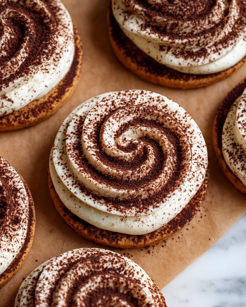 The image shows several round cookies topped with a thick swirl of white cream, dusted generously with dark brown cocoa powder. Each cookie has a golden-brown base with a smooth, flat texture. The cream is piped in a spiral pattern starting from the center and reaching the edges, creating layers of alternating light cream and dark cocoa powder. The cookies sit directly on brown parchment paper against a white marbled surface. The cocoa powder creates a textured contrast to the smooth cream, emphasizing the spiral design. photo taken with an iphone --ar 4:5 --v 7