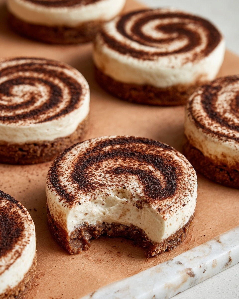 The image shows several round, single-serving desserts arranged on a light brown surface with a white marbled texture edge visible. Each dessert has two layers: the bottom layer is a thick, brown, crumbly cookie base, and the top layer is a smooth, creamy white mousse or frosting. The top is decorated with a swirl of cocoa powder, creating a spiral pattern in various shades of brown. One dessert in the foreground has a bite taken out of it, revealing the soft inner texture of the creamy layer and the dense cookie base. photo taken with an iphone --ar 4:5 --v 7