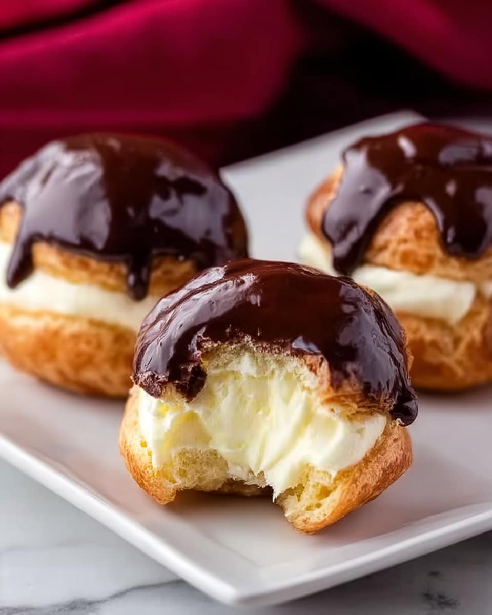 The image shows many cream puffs topped with a smooth, glossy dark chocolate glaze. The cream puffs are round with a light golden-brown color and a slightly rough texture. Some are arranged on a white, two-tiered cake stand, while others rest on a small white square plate and directly on a white marbled surface. One cream puff is broken open, showing a soft, creamy filling inside. Scattered around are small chocolate chips adding extra texture and contrast. A woman's hand reaches in from the top right corner, holding one cream puff. Photo taken with an iphone --ar 4:5 --v 7