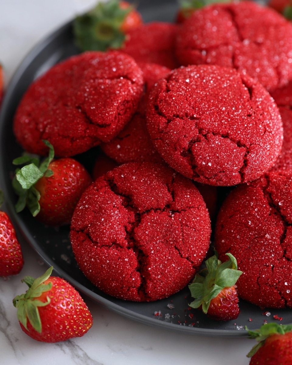 The image shows a group of bright red cookies with a coarse sugar texture on top, arranged closely together on a white plate. The cookies are round and slightly cracked on the surface, giving them a rustic look. Around the cookies, fresh red strawberries with green leaves are scattered, adding contrast to the plate. The plate sits on a white marbled surface that enhances the vivid red color of the treats. photo taken with an iphone --ar 4:5 --v 7