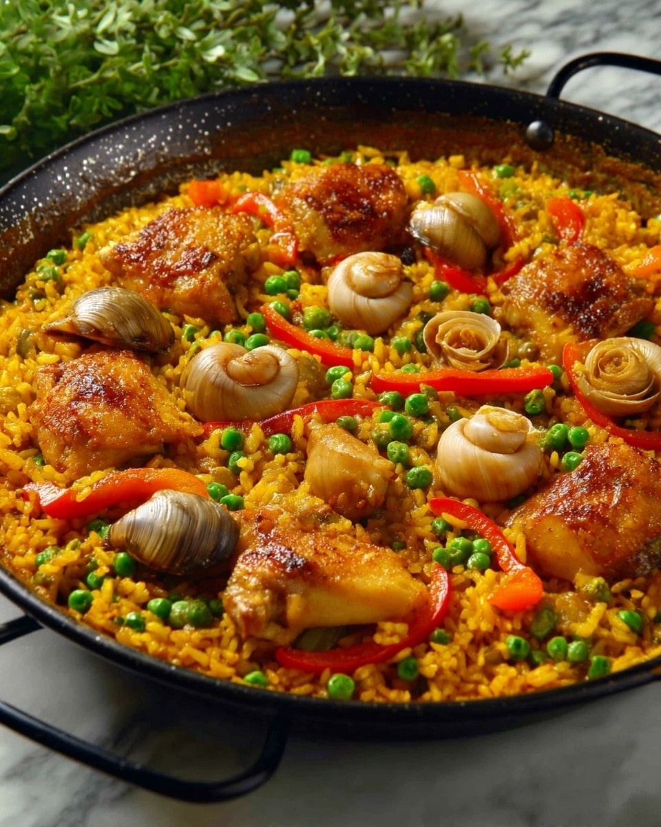 A close-up of a large black pan filled with vibrant yellow-orange rice as the base layer, studded with green pea pods and small green peas scattered throughout. On top of the rice, several golden-brown cooked chicken pieces are placed evenly around the pan, each surrounded by thin slices of bright red bell pepper. There are also several light beige snail shells nestled among the ingredients, adding texture contrast. The pan rests on a surface with a white marbled texture, and fresh green herbs can be seen faintly in the background. photo taken with an iphone --ar 4:5 --v 7