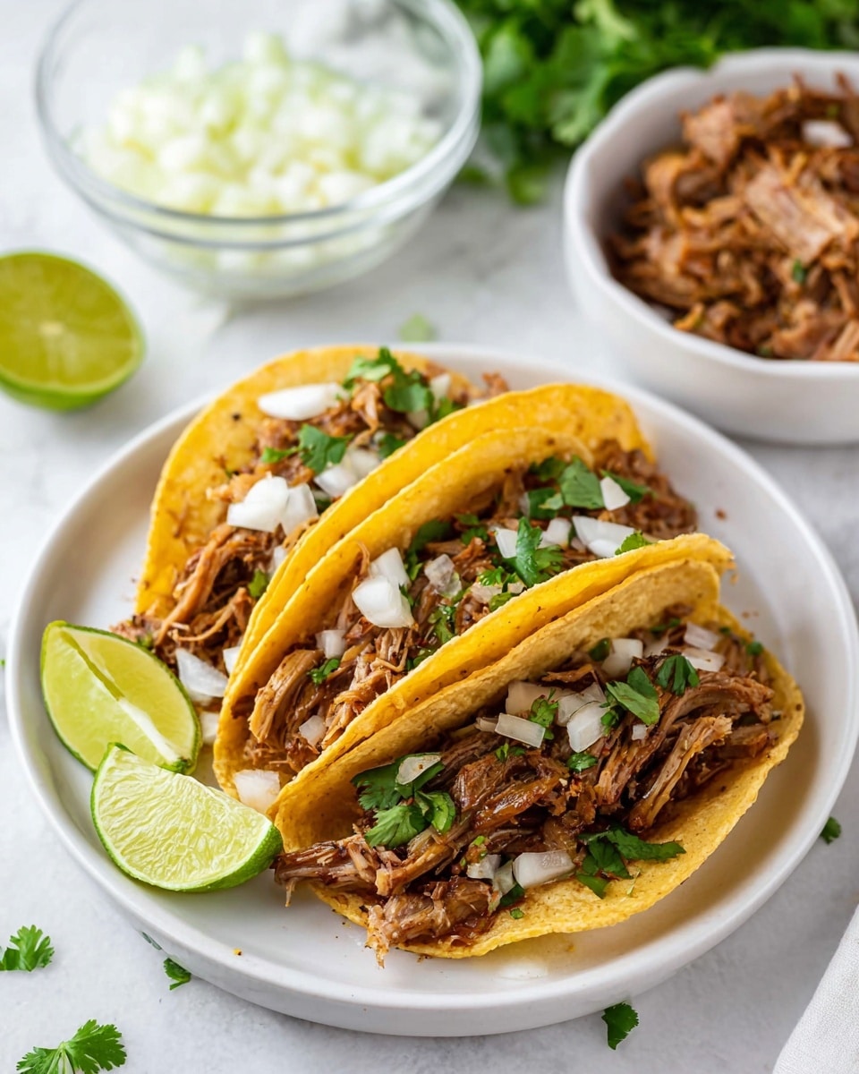 Three yellow corn tortillas standing upright on a white plate form the base of the dish. Each tortilla is filled with shredded brown and lightly crispy pulled pork mixed with small white onion pieces and green cilantro leaves scattered on top. On the side of the plate, there is a lime wedge and some cilantro sprigs for garnish. In the background, a clear bowl with chopped white onions and a white bowl filled with more pulled pork pieces are visible, all placed on a white marbled surface. The overall look is fresh and inviting, with a bright and natural feel. photo taken with an iphone --ar 4:5 --v 7