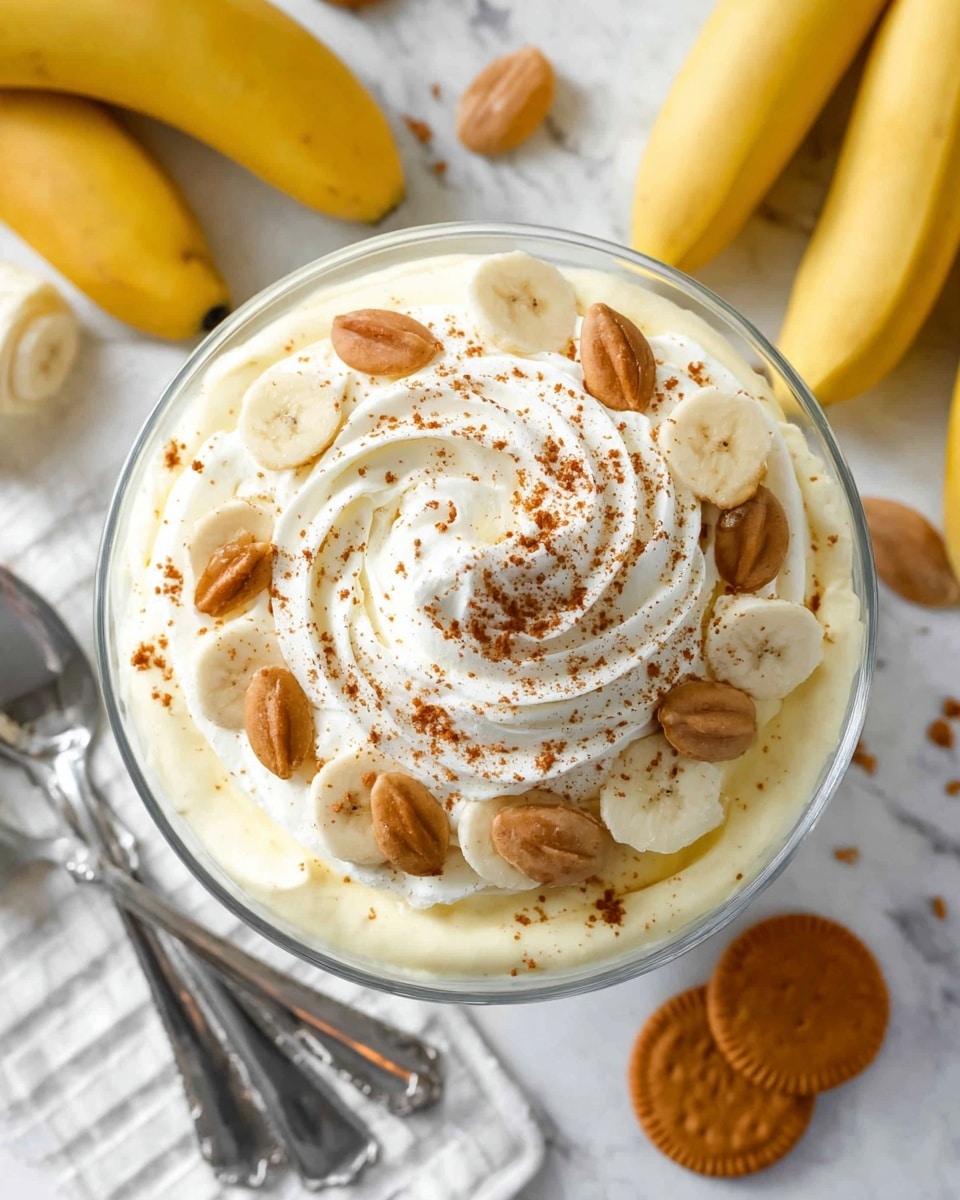 The image shows a clear glass bowl filled with a creamy, light yellow dessert topped with a swirl of smooth whipped cream. The top layer is decorated with thin banana slices arranged in a circle, alternated with small oval-shaped brown cookies in the center, and sprinkled with fine brown crumbs covering most of the whipped cream's surface. The bowl is placed on a white marbled texture surface, with bunches of yellow bananas, a silver spoon, and some scattered silverware around it, along with a single round cookie near the bottom right. Photo taken with an iphone --ar 4:5 --v 7