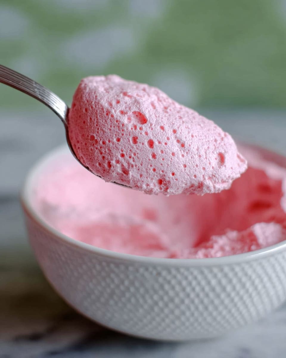 A close-up image shows a spoon lifting a fluffy, light pink mousse from a white bowl with a textured surface. The mousse is soft and airy with small bubbles visible on the surface, giving it a spongy texture. The bowl, filled with more of the smooth pink mousse, sits on a white marbled surface with a blurred green background behind. The spoon shines silver and is partly inside the bowl, holding a generous scoop of the airy dessert. Photo taken with an iphone --ar 4:5 --v 7