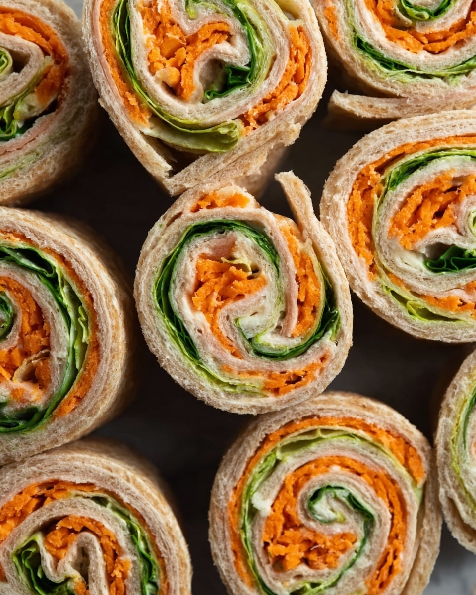The image shows close-up rolls of a sandwich wrap cut into round pieces arranged tightly together. Each roll has several visible layers: the outer layer is a light brown whole wheat wrap, the middle layer has a green leafy vegetable like spinach or lettuce, and inside there is an orange spread or finely shredded carrot with a creamy white filling in the center, giving a soft texture. The rolls have a spiral pattern with the colors repeating in concentric circles. The background has a white marbled texture, and the image focuses on the detailed textures of the wrap and fillings. photo taken with an iphone --ar 4:5 --v 7