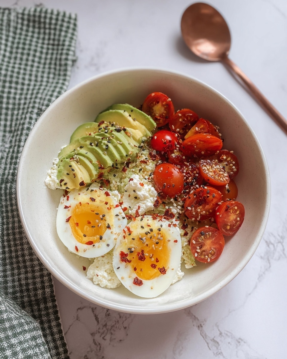 A white bowl contains four main layers of food, starting with a base of creamy cottage cheese that has a soft, white texture. On top of that, there are bright red cherry tomatoes, some whole and some cut in half, placed on one side. Next to them are slices of light green avocado, fanned out neatly. In another section, two halves of a soft-boiled egg with white edges and slightly runny yellow yolks lie close to each other. Everything is sprinkled with black and white sesame seeds and some red spicy chili flakes. The bowl sits on a white marbled surface with a green checked cloth in the background and a copper-colored spoon to the side. Photo taken with an iphone --ar 4:5 --v 7