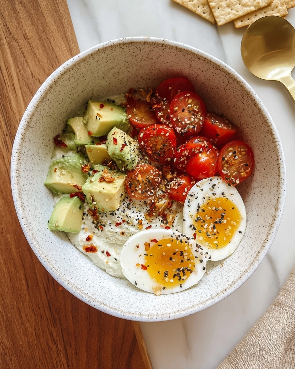 A white speckled bowl holds a visually fresh dish with four main layers: at the bottom, a creamy white base with a slightly coarse texture, followed by soft, green avocado chunks placed on the left side, next to vibrant red halved cherry tomatoes scattered mainly to the right. In front, two halves of a soft-boiled egg show white firm edges and bright golden yolks, all topped with a mix of black and white sesame seeds along with small pieces of red chili flakes. The bowl is set on a wooden surface with a white marbled texture nearby, accompanied by beige crackers and a gold spoon at the top right. photo taken with an iphone --ar 4:5 --v 7
