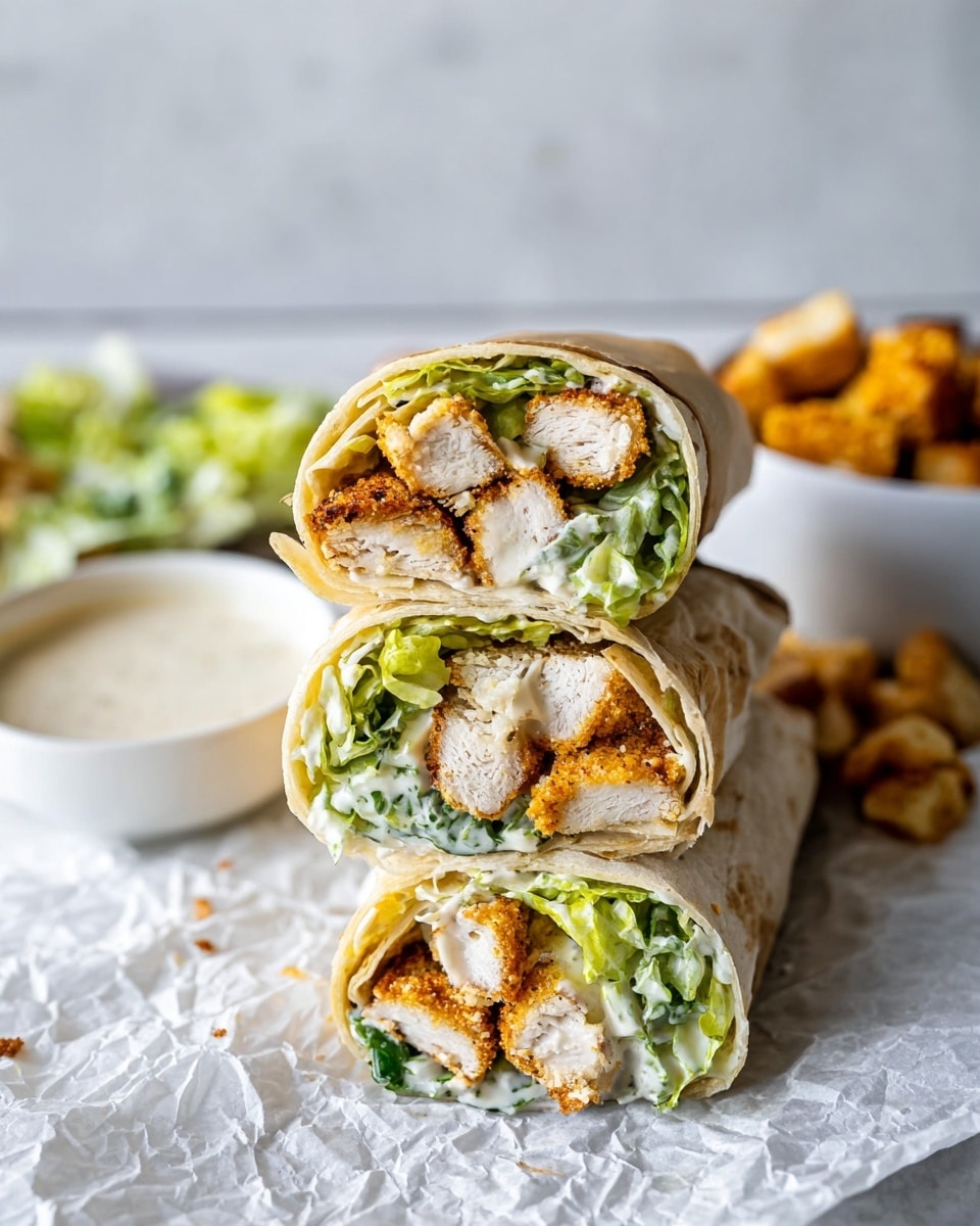The image shows three wraps stacked on each other, each cut in half and filled with layers of golden crispy chicken pieces, fresh light green lettuce, and creamy white sauce, all wrapped in soft, lightly toasted tortilla breads with a pale beige color. The wraps sit on crumpled white parchment paper, with a small white bowl of extra creamy sauce and some golden croutons blurred in the background on a white marbled surface. The overall look is fresh and inviting, capturing the textures of the crunchy chicken, crisp lettuce, and smooth sauce. photo taken with an iphone --ar 4:5 --v 7