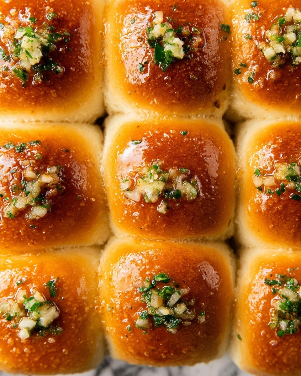 The image shows a close-up of nine soft dinner rolls arranged in a 3x3 grid. Each roll has a shiny, golden-brown top that looks slightly glossy with a glaze. On top of the rolls, there are small pieces of chopped green herbs and bits of minced garlic, scattered unevenly across the surface, giving a textured and fresh look. The rolls have visible seams where they touch each other, showing they were baked together. The background is a white marbled texture. photo taken with an iphone --ar 4:5 --v 7