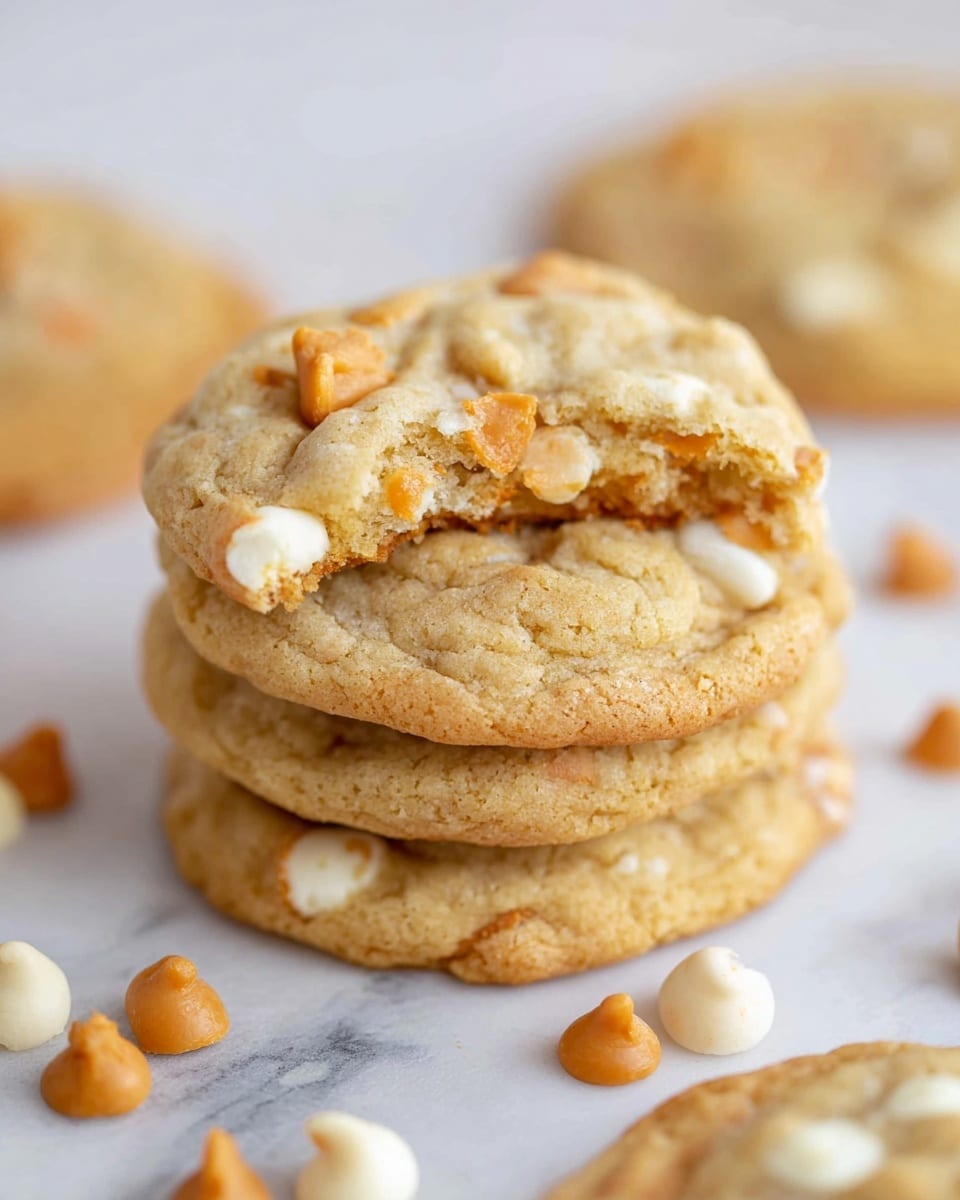 A stack of three soft, chewy cookies sits on a white marbled surface, each cookie light golden brown with visible white and butterscotch chips embedded throughout. The top cookie has a bite taken out of it, showing the dense, moist inside with chunks of white and orange chips. Around the stack, loose butterscotch chips are scattered, adding texture and color contrast. The focus is sharp on the cookies, with a blurred background that subtly hints at more cookies. photo taken with an iphone --ar 4:5 --v 7