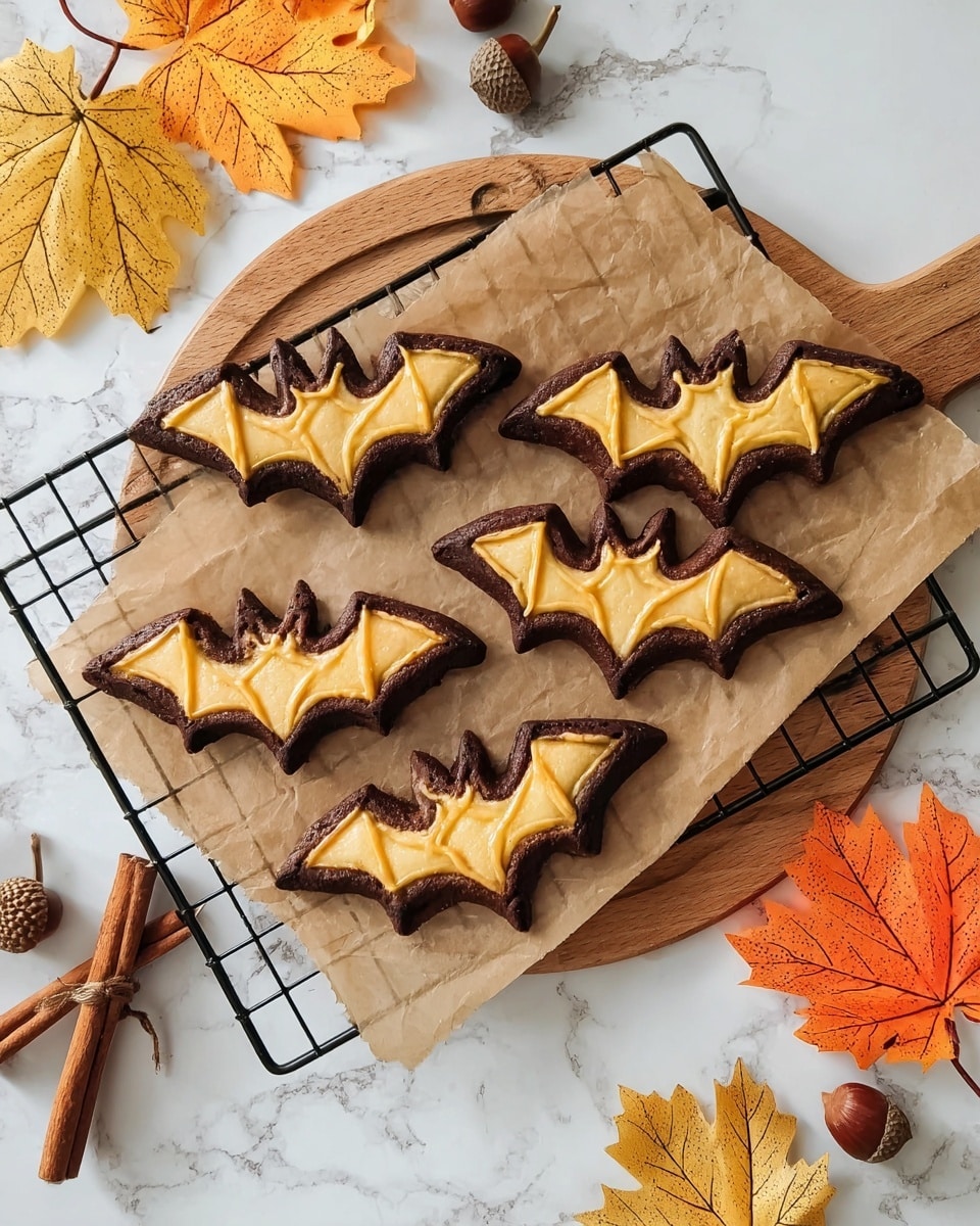 Five bat-shaped cookies are placed on a brown parchment paper over a black cooling rack. Each cookie has a dark brown base layer with a shiny golden-yellow top layer that looks slightly flaky and glossy, resembling baked pastry. The cooling rack sits on a round wooden board, all set against a white marbled surface. Around the board, there are autumn-themed decorations including a yellow and orange maple leaf, a brown dried leaf, two cinnamon sticks crossed, and a chestnut. Photo taken with an iphone --ar 4:5 --v 7