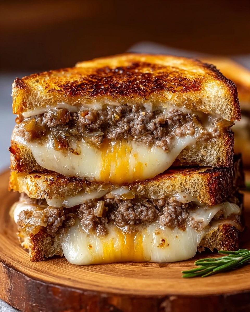 A close-up view of a grilled sandwich cut in half and stacked, showing three main layers inside: the top layer is golden-brown toasted bread with a slightly crisp texture, the middle layer is melted cheese in creamy white and yellow shades oozing out, and the thick bottom layer consists of finely ground cooked meat mixed with small bits of cooked onions, all held together by another slice of toasted bread at the bottom. The sandwich sits on a wooden round surface with a small green garnish beside it, with a soft warm light highlighting the rich, juicy details of the melted cheese and browned bread. Photo taken with an iphone --ar 4:5 --v 7