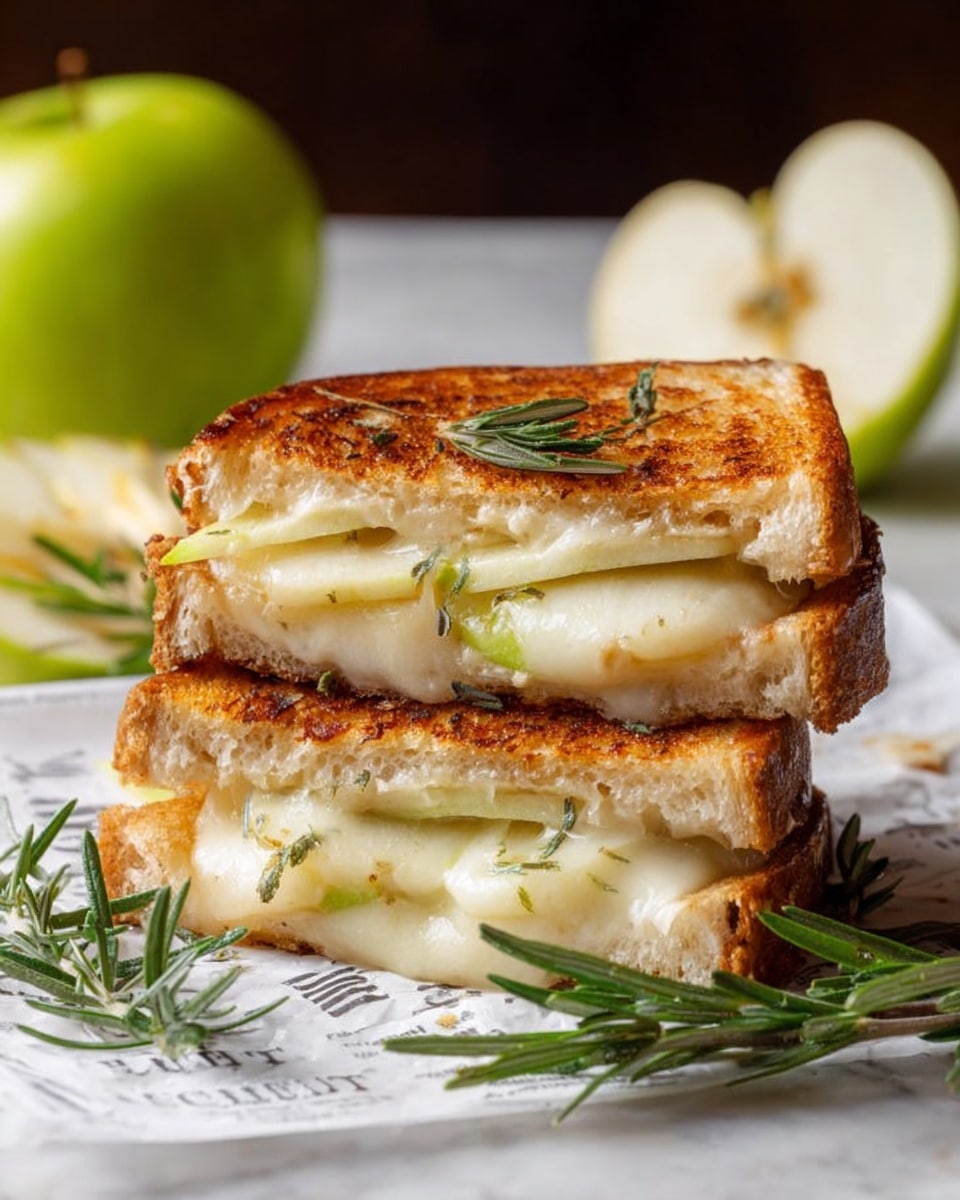 The image shows a grilled cheese sandwich cut in half and stacked. There are two slices of golden-brown toasted bread with a crispy texture on top and bottom. Inside, there are thick layers of melted white cheese, soft and gooey, with green apple slices slightly visible between the cheese. The sandwich is garnished with fresh green rosemary sprigs on top and around it. The sandwich is placed on white paper with text, set on a white marbled surface. In the background, there are fresh green apple slices and a quarter of a green apple placed upright. Photo taken with an iphone --ar 4:5 --v 7