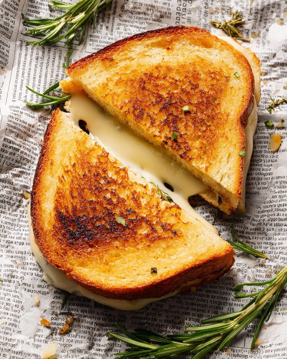 A grilled cheese sandwich cut diagonally in half, showing two golden brown slices of bread with a crisp texture and slightly charred edges. The melted cheese inside is creamy white and oozing out softly from between the layers. The sandwich sits on crumpled newspaper printed paper, with fresh green rosemary sprigs scattered on top and around it. The toasted bread has a warm, rich color with visible crumbs and a smooth, buttery finish. Photo taken with an iphone --ar 4:5 --v 7