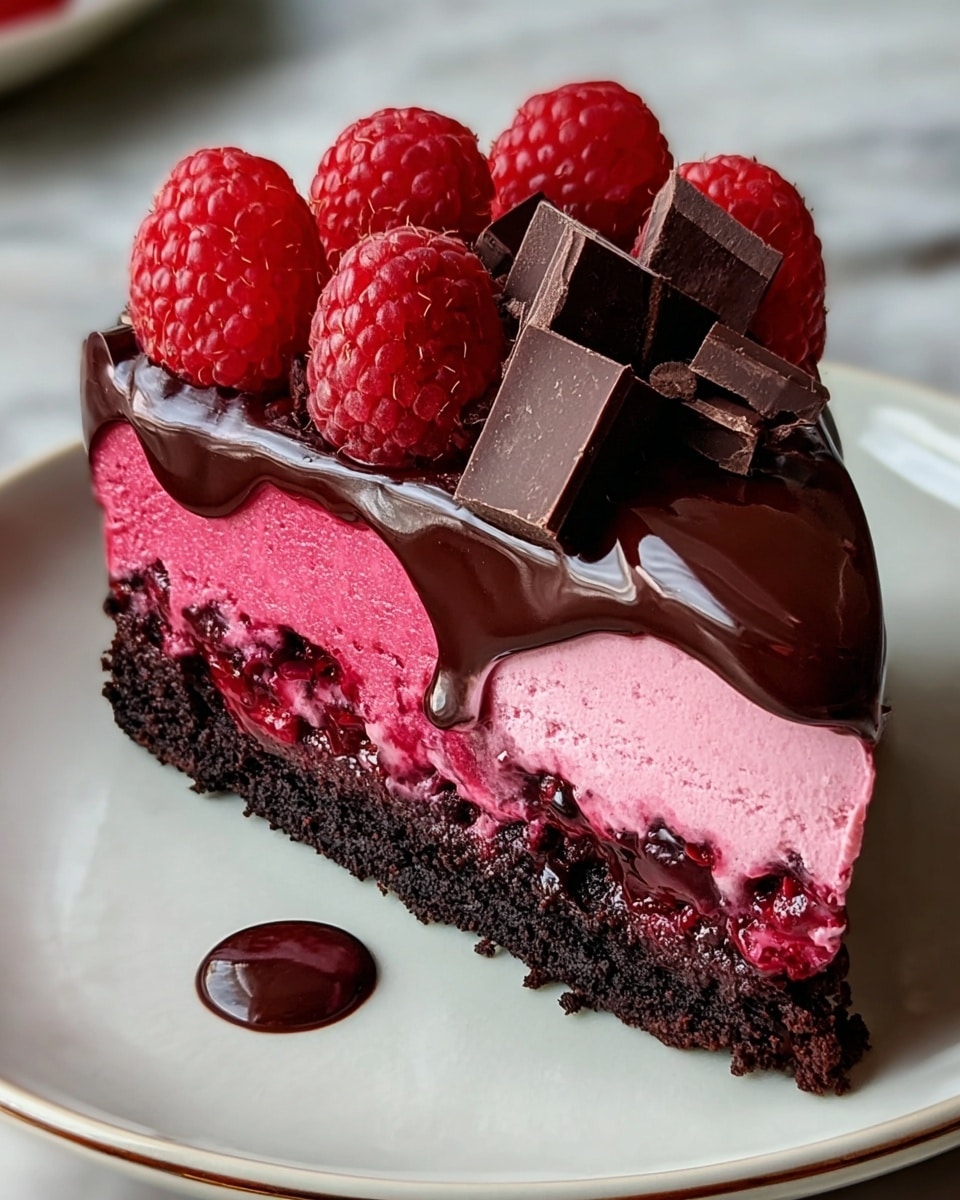 A slice of cake with four main layers sits on a white plate with a thin gold rim, placed on a white marbled surface. The bottom layer is dark, crumbly chocolate cake forming the base. Above it is a thick, dense, glossy dark chocolate layer with bits of raspberries embedded inside. The third layer is a bright pink, creamy mousse with a smooth texture and visible raspberry seeds mixed within. The top layer is a shiny, dark chocolate glaze that drips slightly down the sides, decorated with fresh, plump red raspberries and chunks of dark chocolate arranged neatly on top. A small dot of chocolate sauce is on the plate near the cake. Photo taken with an iphone --ar 4:5 --v 7