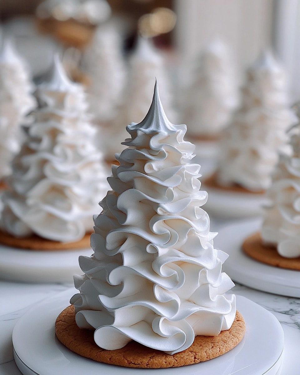 The image shows a tower-shaped dessert resembling a Christmas tree, made of multiple layers of white meringue with wavy, ruffled edges stacked vertically. The base layer is a light brown round cookie on a white circular plate. Each successive meringue layer above is smaller, creating a tapered cone shape with smooth, airy textures and soft curls at the edges. More of these meringue towers can be seen blurred in the background, all set on a white marbled surface. photo taken with an iphone --ar 4:5 --v 7