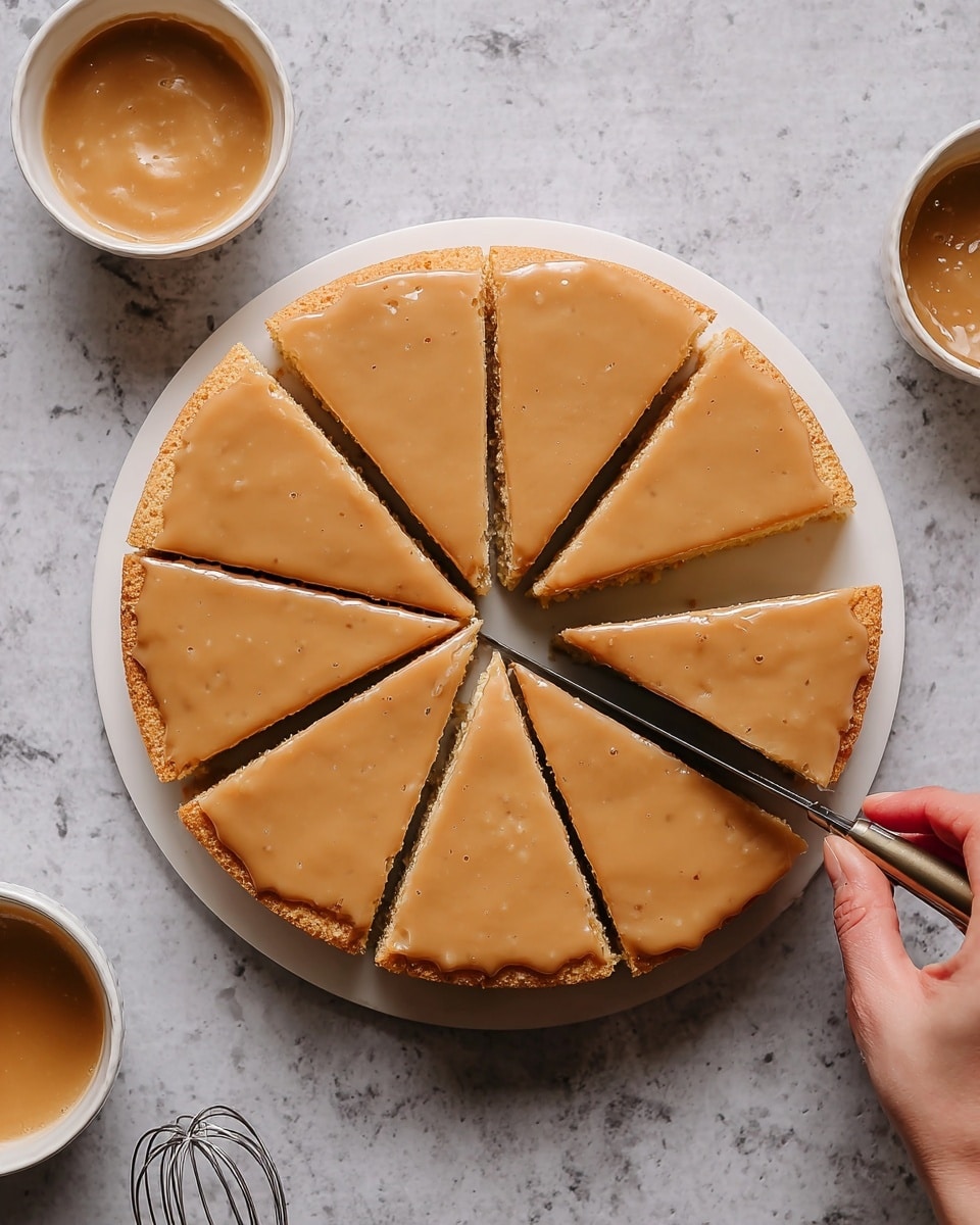 The image shows a round cake with a smooth, light brown glaze on top, cut into eight even slices. The cake has one layer with a soft, spongy texture visible along the edges, which are golden brown. The glaze covers the entire top surface evenly, with a slightly shiny appearance. A woman's hand holds a knife that is cutting into one of the slices from the center, resting on a white plate. The background is a white marbled texture, and next to the cake are a small bowl with a similar light brown sauce and a whisk on another white bowl. Photo taken with an iphone --ar 4:5 --v 7