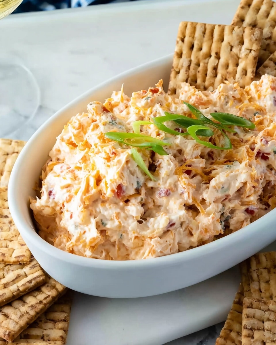 The image features a white oval dish filled with a creamy, chunky dip that has a light orange and white color, speckled with small bits of red and green, likely finely chopped vegetables or herbs. The dip has a slightly rough texture with some shredded or grated ingredients mixed in. On top of the dip, thin green slices are scattered as garnish. Around the dish, there are several square, woven-textured crackers, some placed upright and leaning against the dip, while others lay flat on the white marbled surface. Photo taken with an iphone --ar 4:5 --v 7