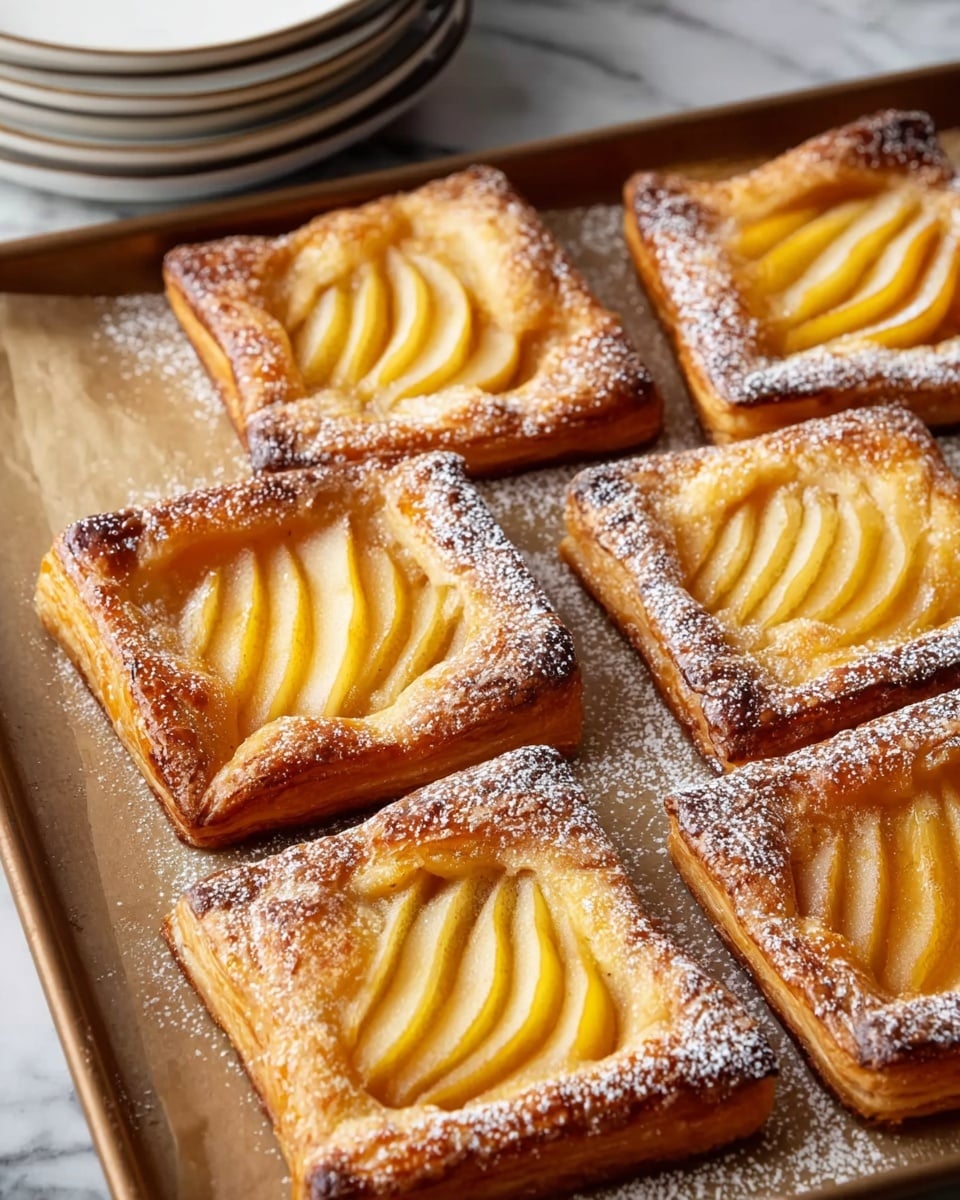 The image shows six square-shaped pastries arranged on a baking tray lined with parchment paper. Each pastry has a golden-brown, flaky crust with slightly raised edges forming a frame. Inside the frame, thin, curved slices of a yellowish fruit, likely pear, are neatly fanned out in a single layer, showing a smooth texture and slight glaze. The pastries are dusted generously with fine white powdered sugar, contrasting with the warm tones of the crust and fruit. The tray is placed on a white marbled surface with stacks of white plates in the background. photo taken with an iphone --ar 4:5 --v 7