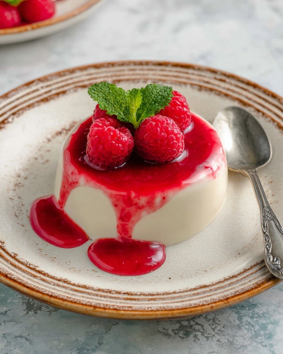 A smooth, round white panna cotta sits in the center of a white plate with a brown decorative rim, topped with a thick, bright red raspberry sauce that drips slightly down one side. On top of the sauce, three fresh raspberries and a small sprig of green mint leaves add color and texture. The plate rests on a white marbled surface, with a shiny spoon placed to the right of the panna cotta. Photo taken with an iphone --ar 4:5 --v 7