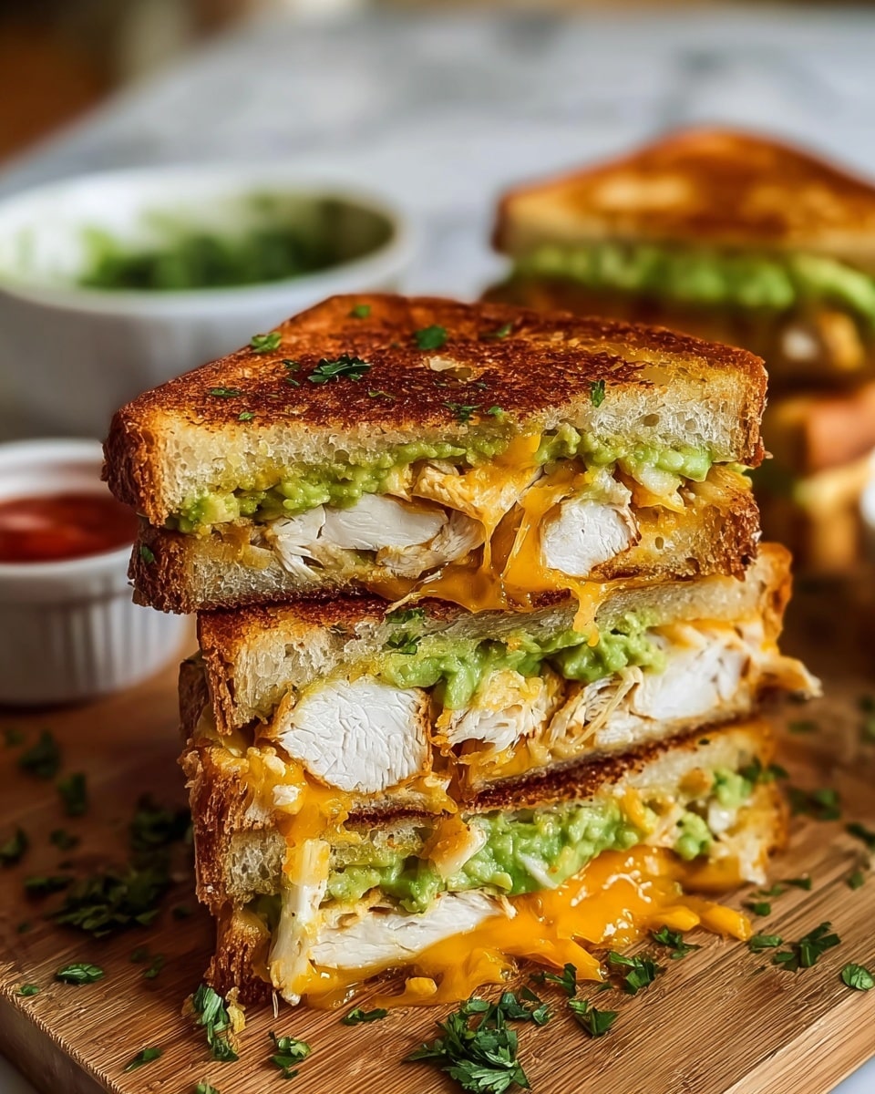 A toasted sandwich is cut in half and stacked, showing three layers: the top and bottom layers are golden-brown toasted bread with a crispy texture, the middle layer has white grilled chicken with a juicy texture mixed with melted orange cheddar cheese, and the layer above the chicken is bright green creamy avocado spread. The sandwich is placed on a wooden board with small green herb pieces scattered nearby. In the background, blurred, there is a white bowl with green herbs and another small white bowl with red sauce, all set on a white marbled surface. photo taken with an iphone --ar 4:5 --v 7