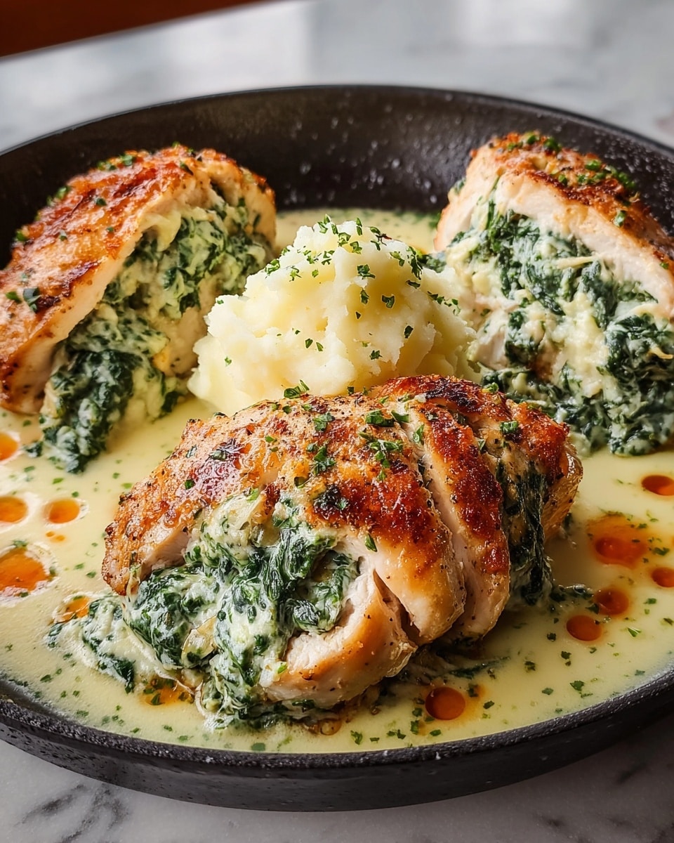 Two golden brown chicken breasts with a crispy, peppered outer layer sit on top of a bed of creamy, off-white mashed potatoes. Between the two layers of chicken, there is a thick layer of creamy spinach with visible green leaves and a cheesy texture. The dish is served in a round black pan, with light reflections showing the moistness of the chicken. The background features a white marbled texture. photo taken with an iphone --ar 4:5 --v 7