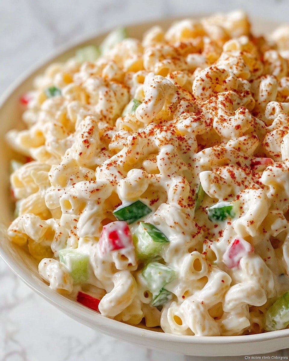 A close-up view of a creamy macaroni salad served in a white bowl, showing one main layer of small elbow macaroni coated in a thick, smooth white dressing. The pasta pieces are mixed with small chunks of bright green cucumbers and red bell peppers, adding spots of color. The top is lightly sprinkled with a reddish-brown spice, giving texture contrast to the creamy pasta. The bowl rests on a white marbled surface. photo taken with an iphone --ar 4:5 --v 7