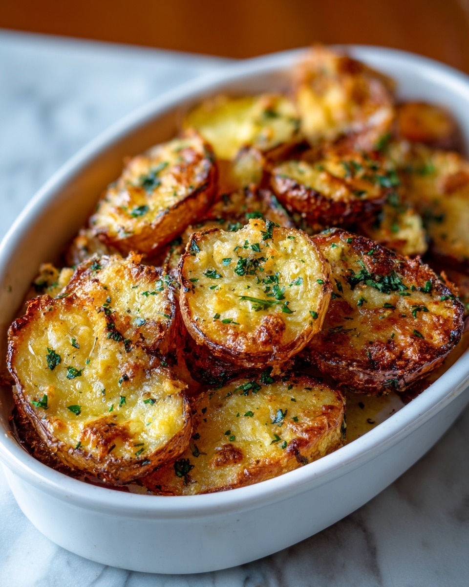 A white oval dish is filled with two layers of golden brown roasted potato halves, crispy on the edges and soft in the center. The top layer is sprinkled with finely chopped green herbs, adding a fresh touch. The potatoes have a slightly rough texture with melted cheese and herbs baked into the surface, creating a mix of shiny and crispy spots. The dish sits on a white marbled texture. Photo taken with an iphone --ar 4:5 --v 7