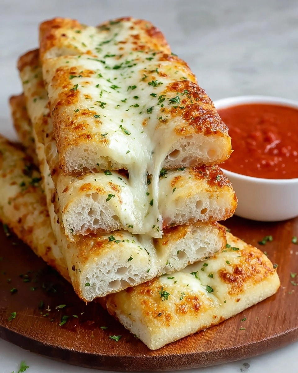 The image shows a stack of six golden-brown garlic breadsticks arranged neatly on a round wooden board over a white marbled surface. Each breadstick has two main layers: the bottom layer is light and fluffy bread with visible air holes, and the top layer is covered with melted white cheese sprinkled with green parsley and small toasted brown spots. One breadstick on top is pulled slightly away, stretching the gooey melted cheese between the layers. In the background, a small white bowl filled with red marinara sauce adds color contrast. Photo taken with an iphone --ar 4:5 --v 7