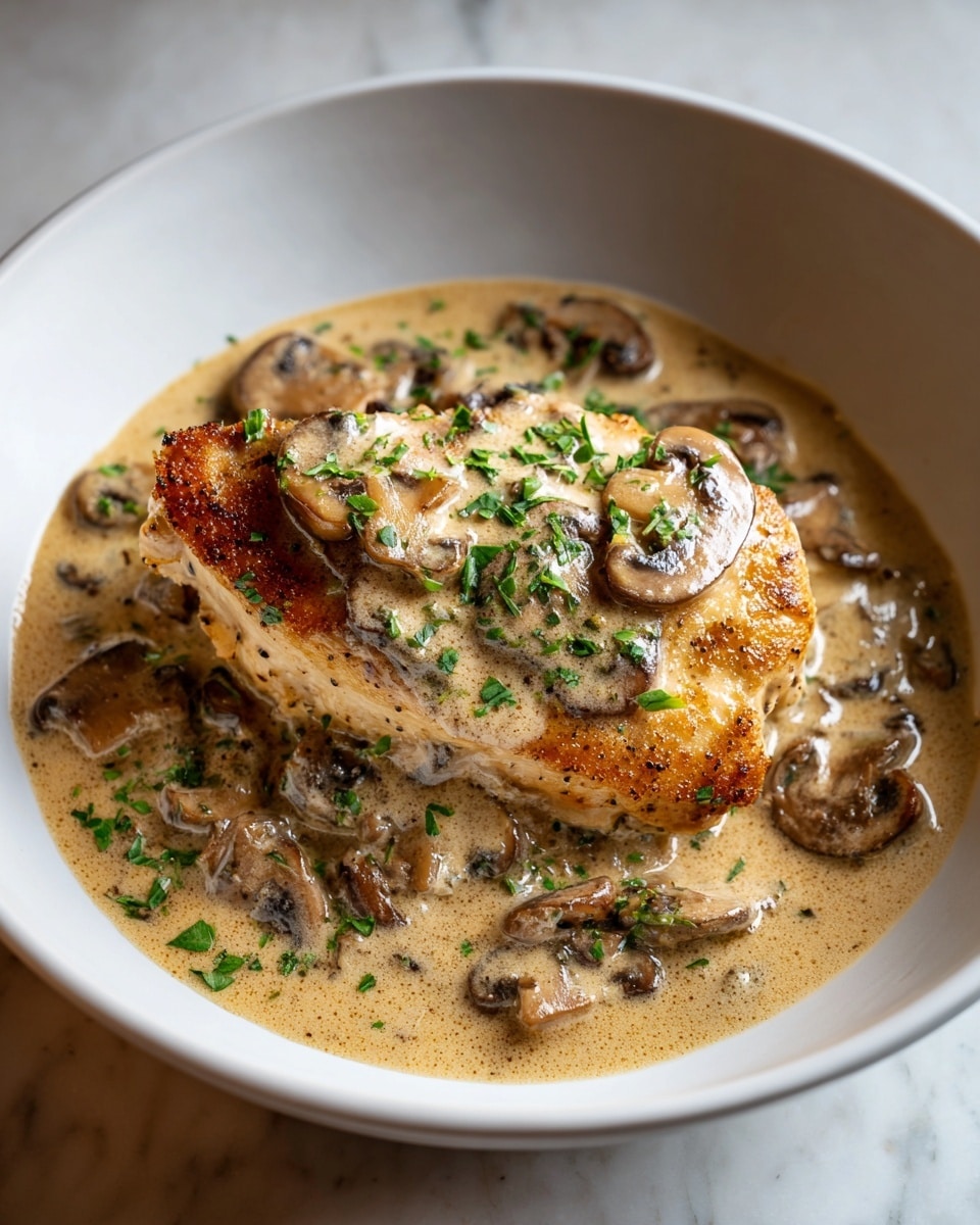 A white bowl holds a single piece of golden-brown cooked chicken breast at the center, covered with creamy mushroom sauce. The sauce is thick and beige, filled with sliced brown mushrooms that have a soft texture. The chicken is sprinkled with small, fresh green herb pieces on top, adding contrast and a hint of color. The sauce pools around the chicken, spreading across the base of the bowl. The photo is set on a white marbled texture surface. photo taken with an iphone --ar 4:5 --v 7